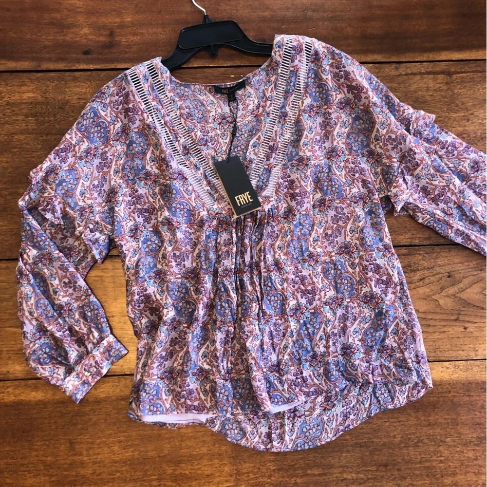 Frye purple floral long sleeve ruffle v neck blouse sheer boho tunic peasant - Picture 3 of 11